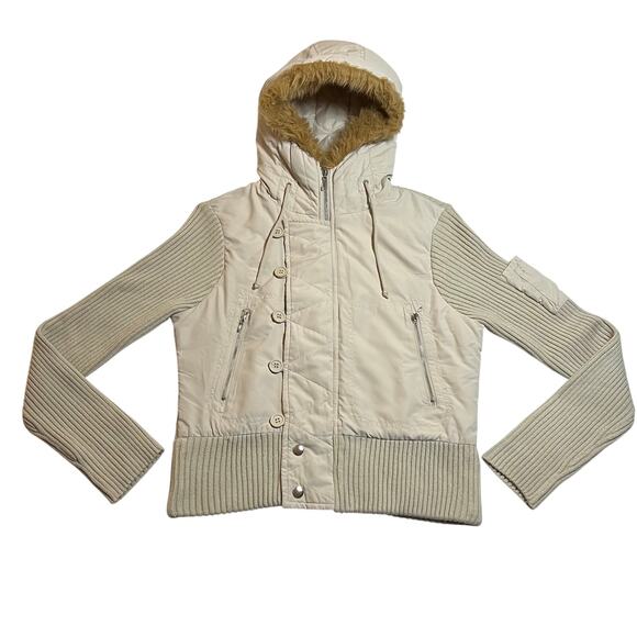 Glimmer Full Zip Knit Jacket w/ Fur Trim Hood Size L Y2K Hip Hop Neutral Casual - Picture 1 of 8